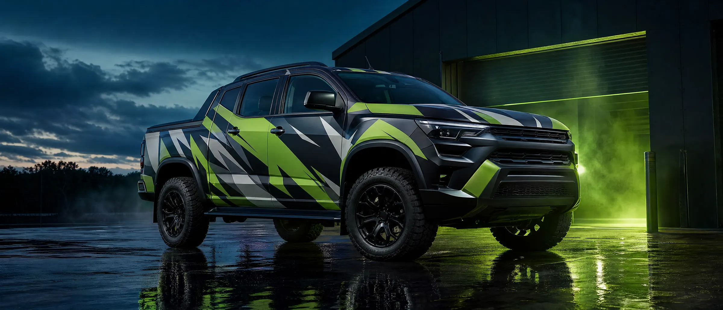A wrapped dual-cab ute at dusk outside a workshop.