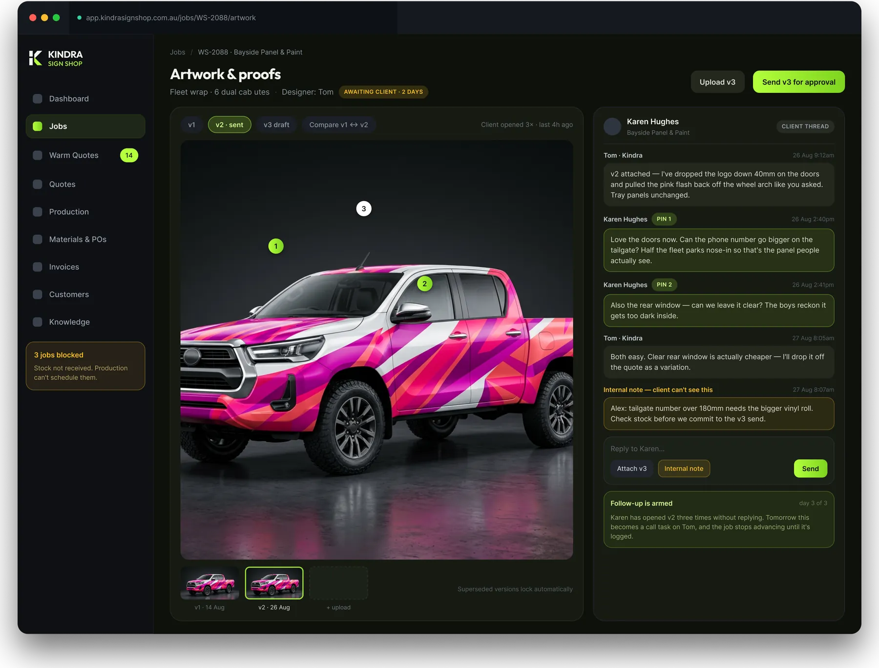 Artwork and proofs: a wrapped dual-cab ute with the client's comments pinned onto the artwork itself.