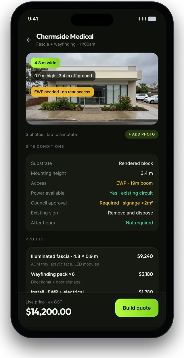 Phone screen: building survey with an annotated shopfront photo, site conditions and a live price of $14,200.
