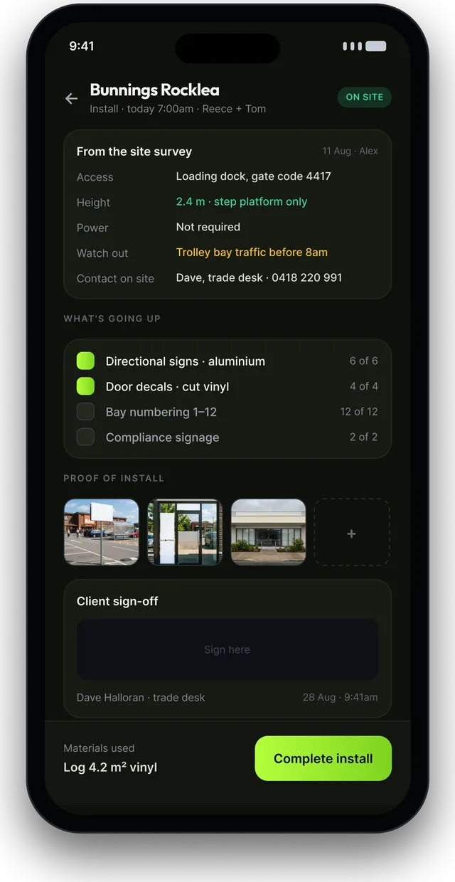 Phone screen: installer on site with the site survey notes, a checklist of what is going up, proof-of-install photos and client sign-off.